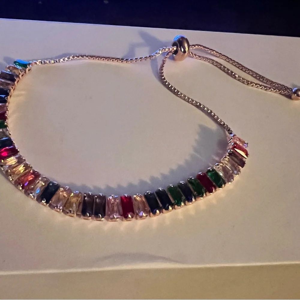 Multiple gemstones adjustable bracelet gold tone‎